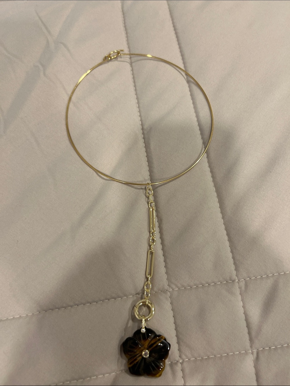 Gold Choker Necklace with Brown Flower Pendant